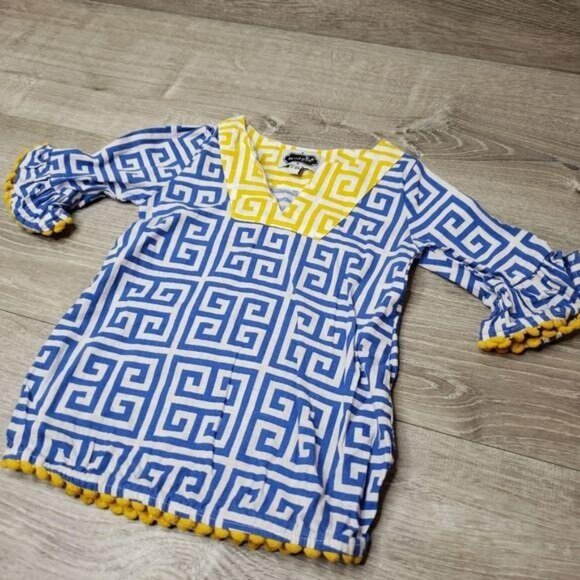 Mud Pie Baby Girls V-Neck Pom-Pom Tunic 12-18M Blue/Yellow Geometric Cotton - Picture 3 of 5